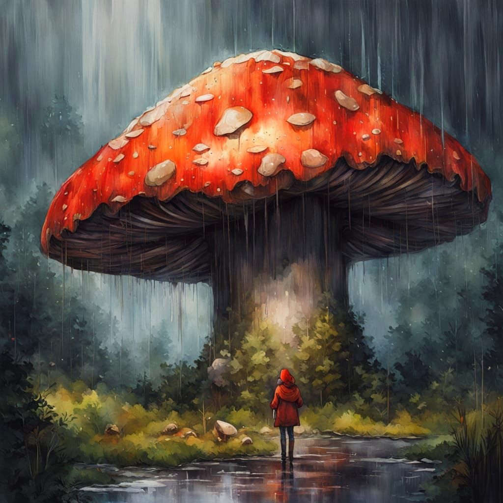 Woman Shelters Under Giant Mushroom in Heavy Rain
