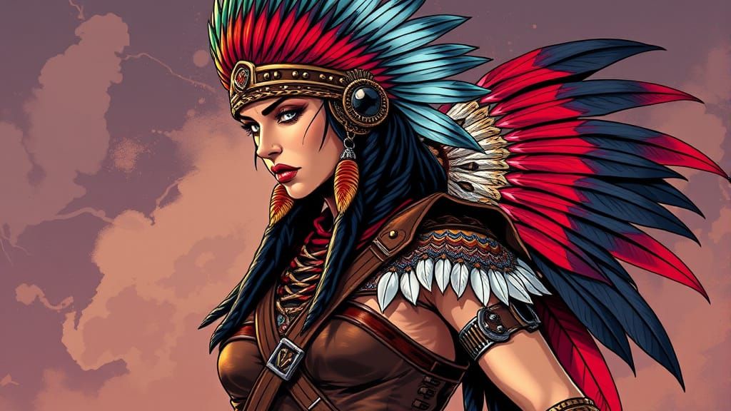 American Native Warrior Woman in Comics Style