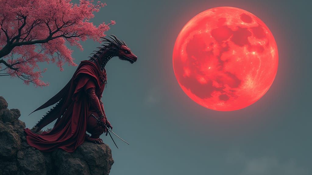 Robotic Dragon Assassin on Cliff Under Blood Moon