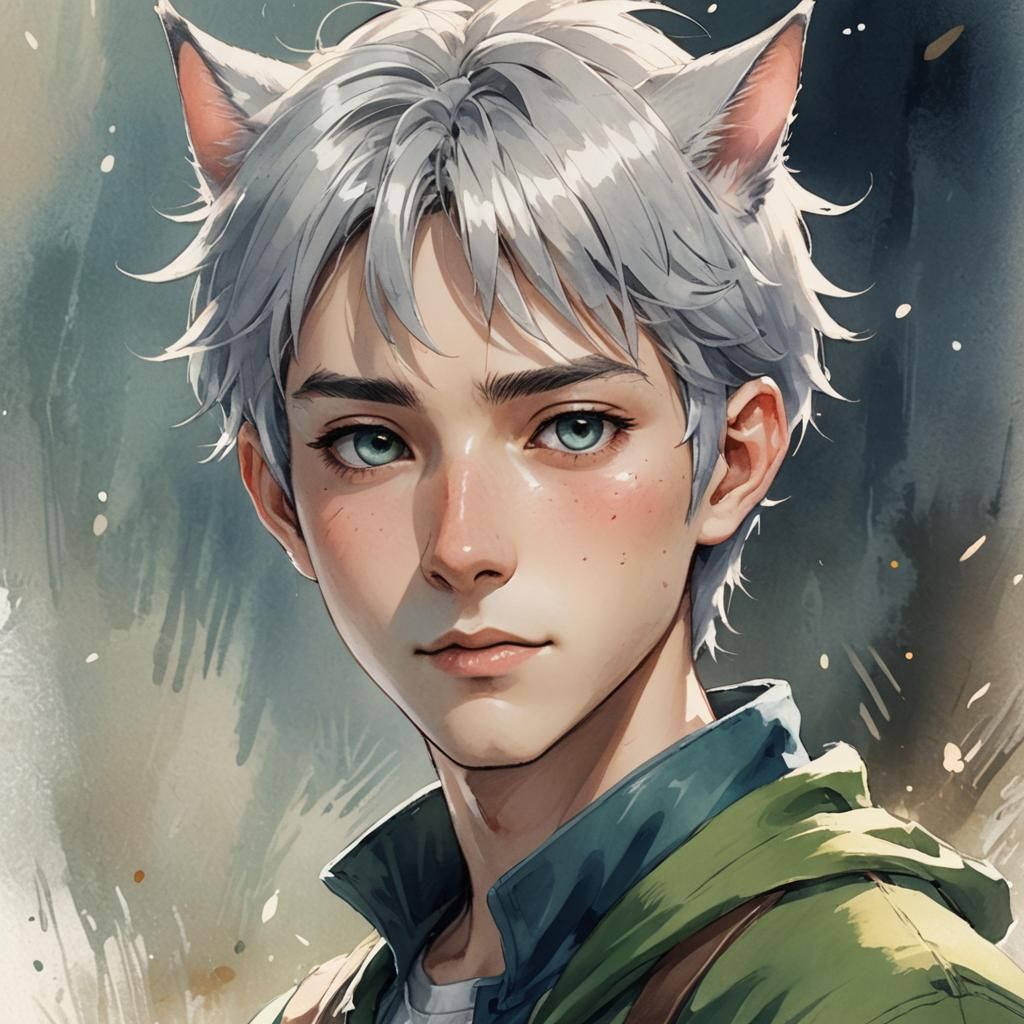 Anime Elf Portrait with Cat Ears in Watercolor Style