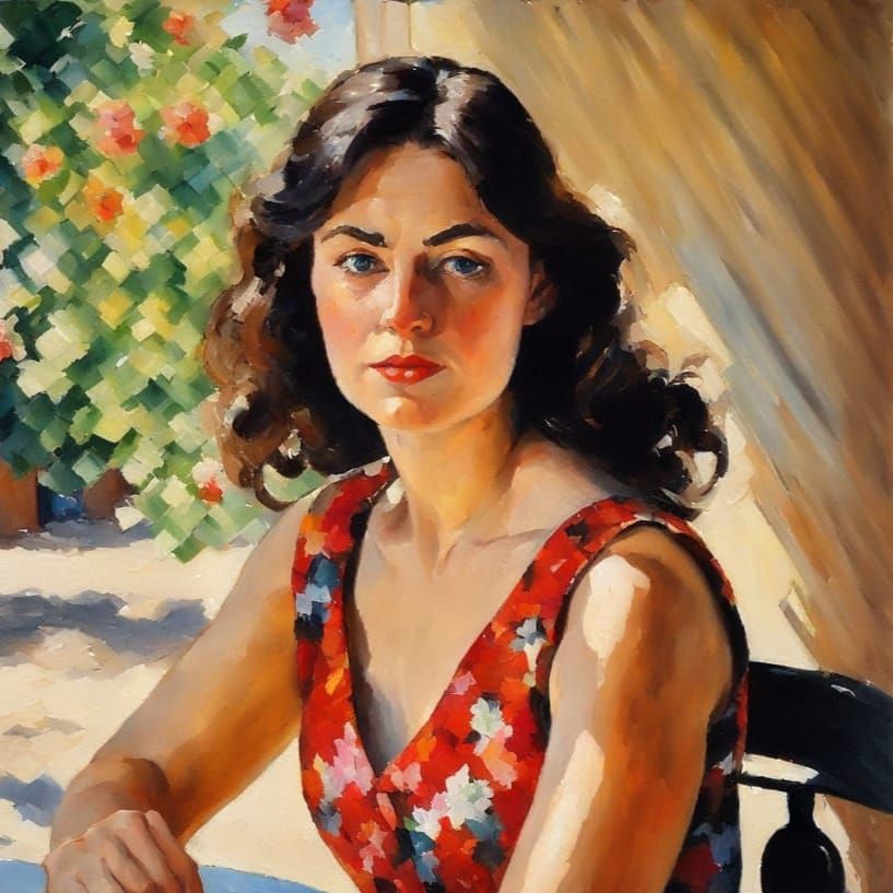 Woman in Cafe: Post-Impressionistic Oil Portrait