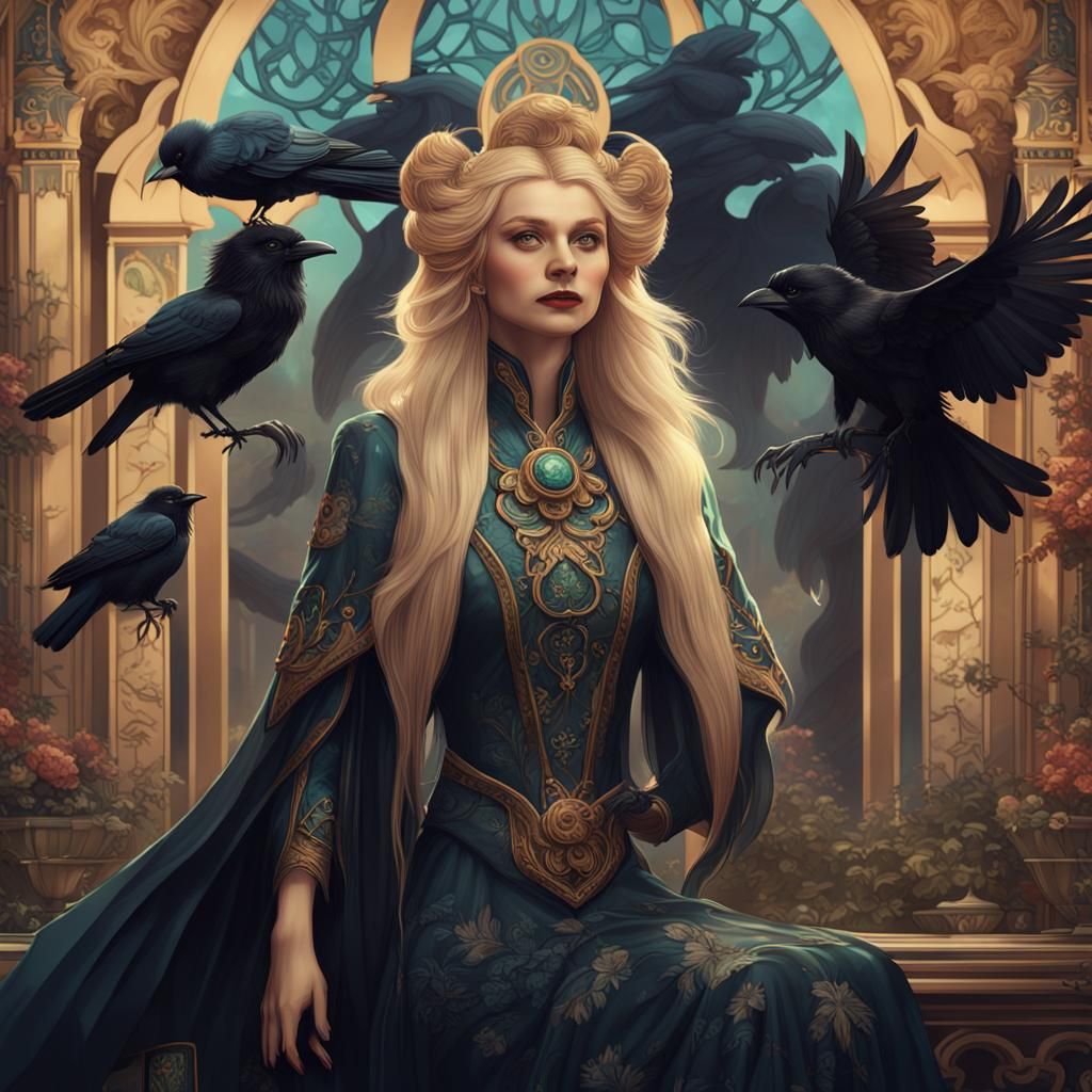 Art Nouveau Lady with Raven: Detailed Matte Painting