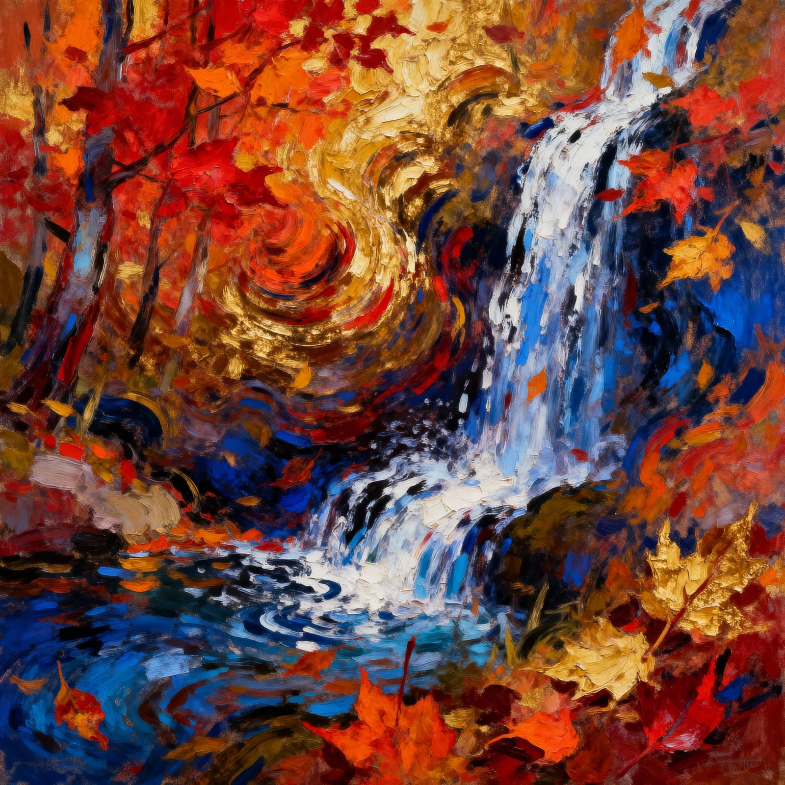 Abstract Autumn Vortex of Leaves and Water in Art Brut Style