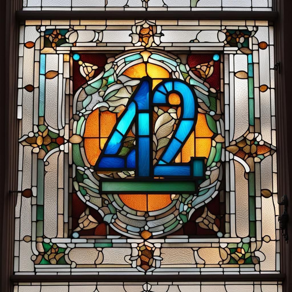 A stained glass window featuring a stylised number Forty-two...