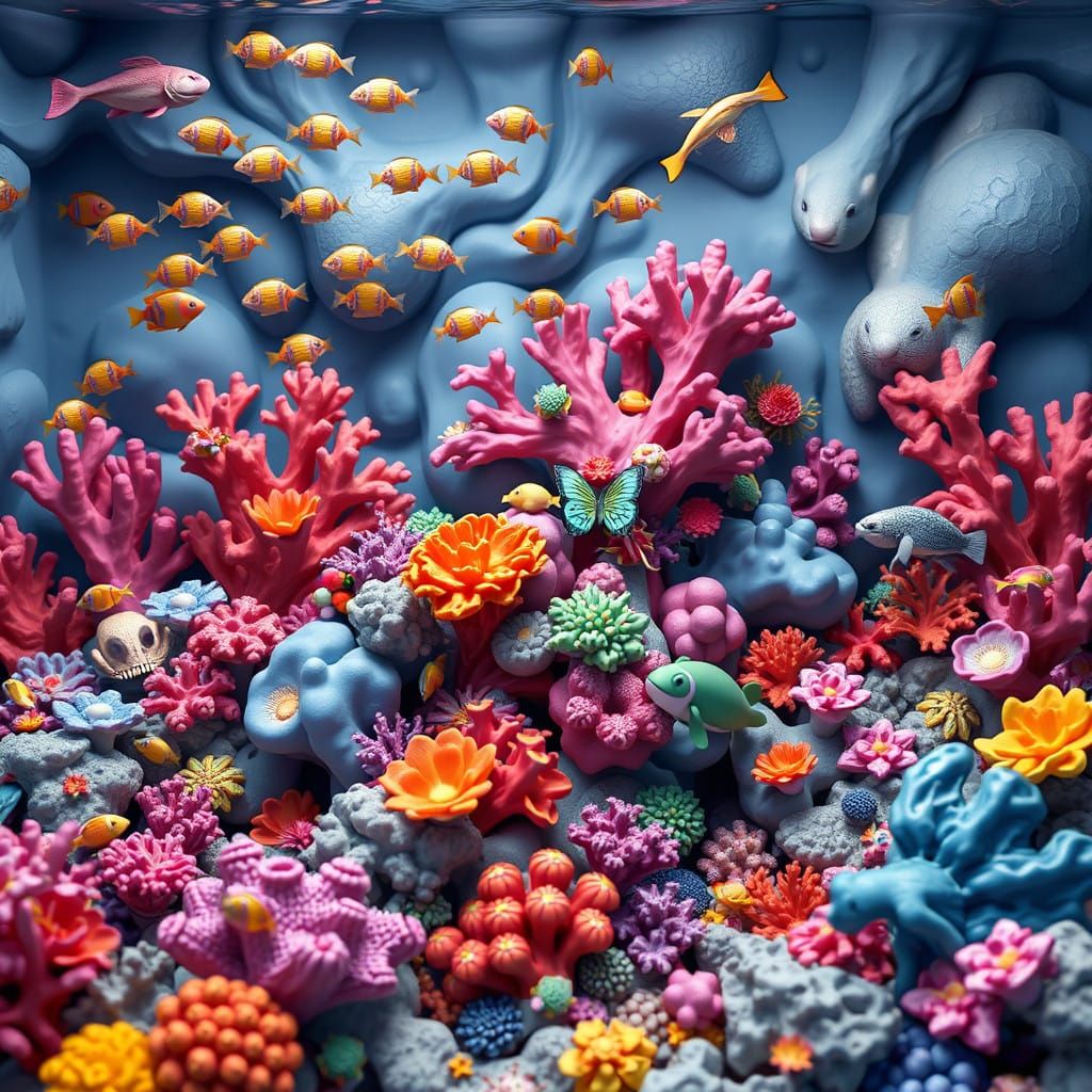 Whimsical Coral Reef Scene in Clay-Like Water