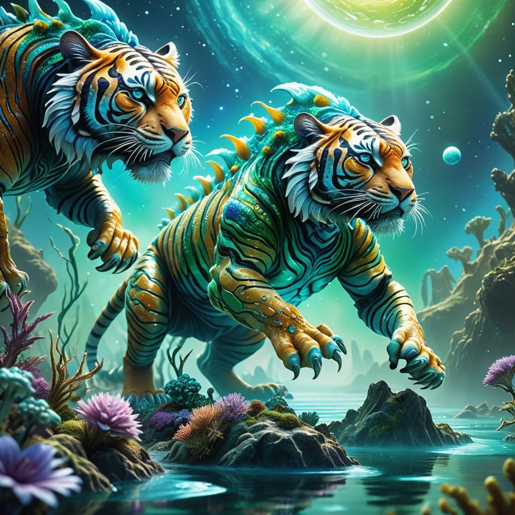 Alien Tiger-Creatures on Exoplanet in Detailed Illustration
