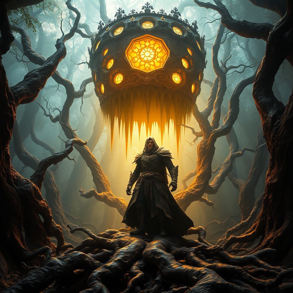 Mystical Figure in Forest with Gothic Hive, Art Nouveau