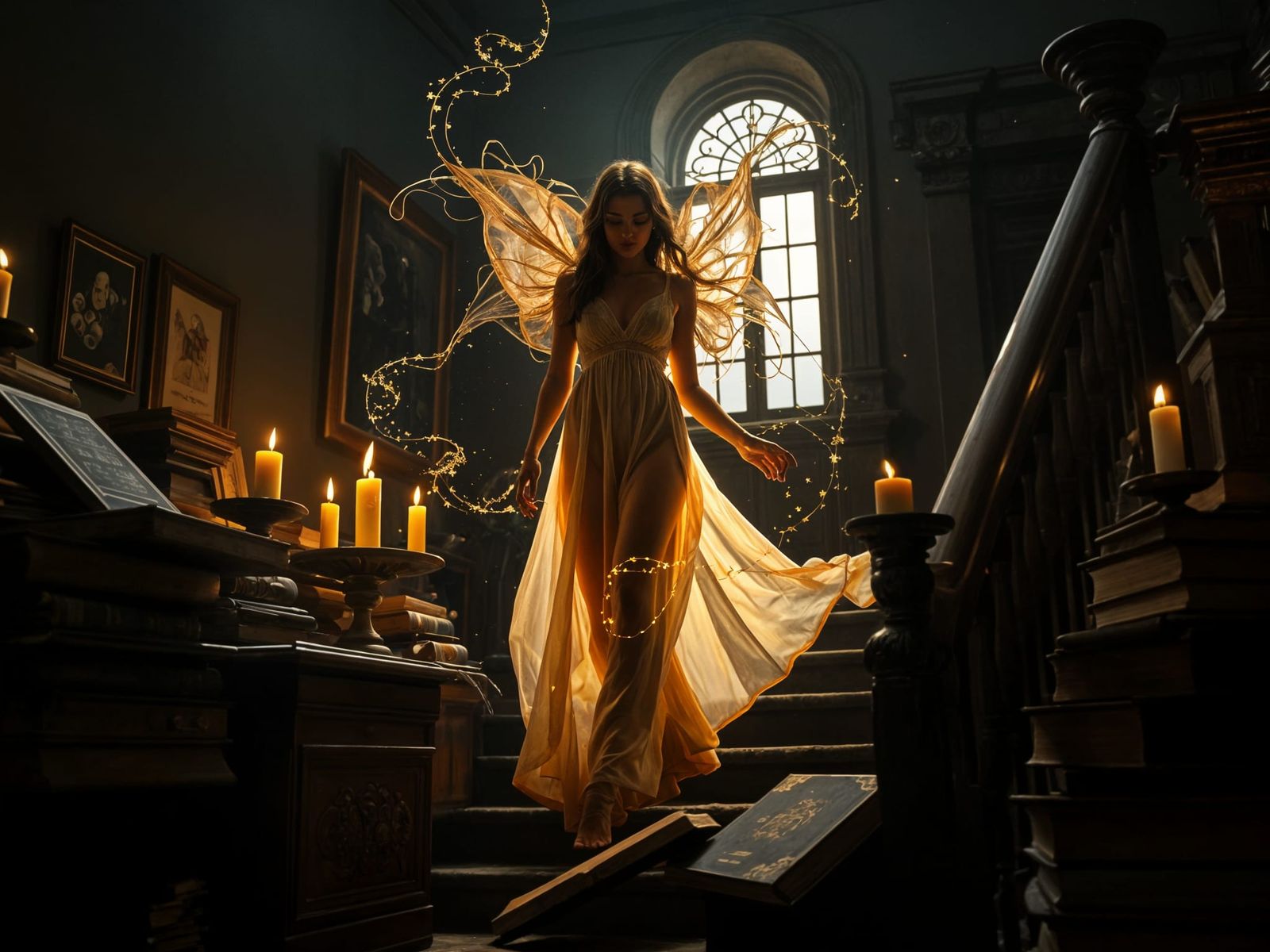 Enchanting Mystical Woman Ascends Creaky Staircase in Dimly...