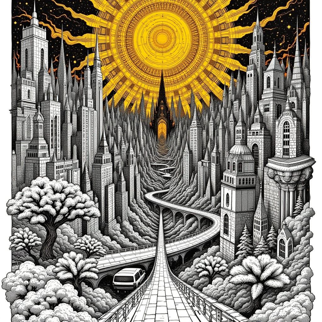 Underground Cityscape in Black and White Ink Art