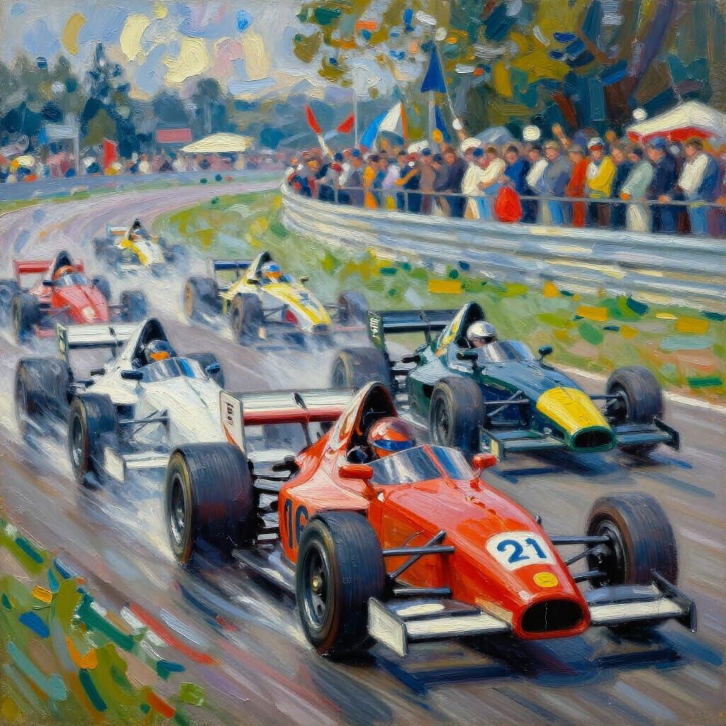 Impasto Oil Painting of Close Race Cars Finishing