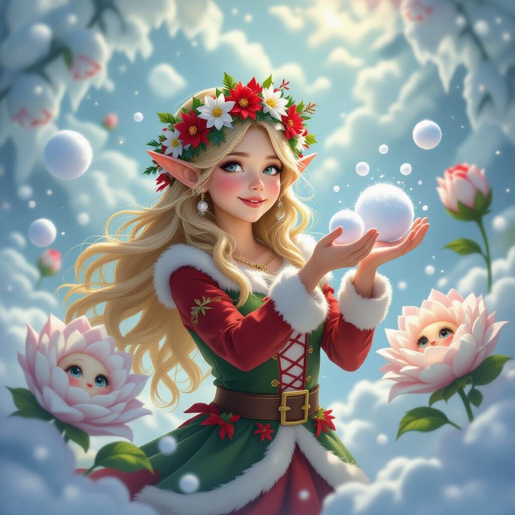 Ethereal Elf Crafting Snowballs Amidst Magical Flowers