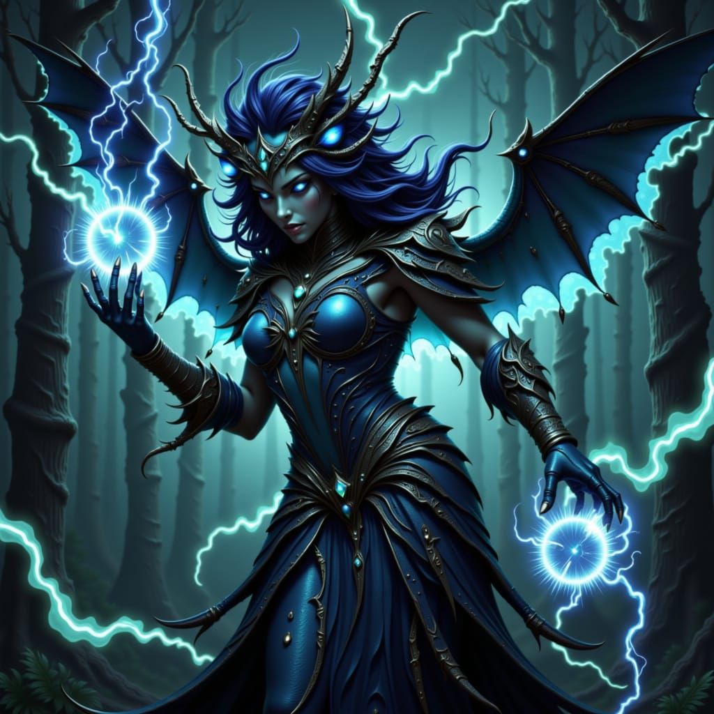 Mysterious Fae Wielding Electricity in Ethereal Darkness