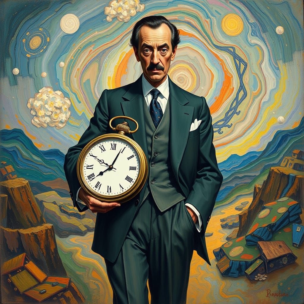 Surrealist Figure with Melting Clock as Post-Impressionist A...