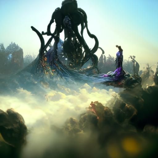 Eerie Mist Engulfs Figures in Dark Fantasy Art