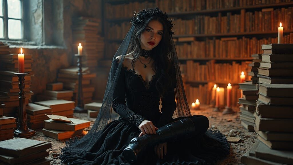 Gothic Summoner in Library with Dramatic Lighting