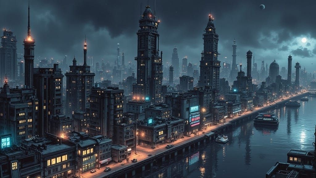 Cyberpunk Arcology on Stormy Lake at Night