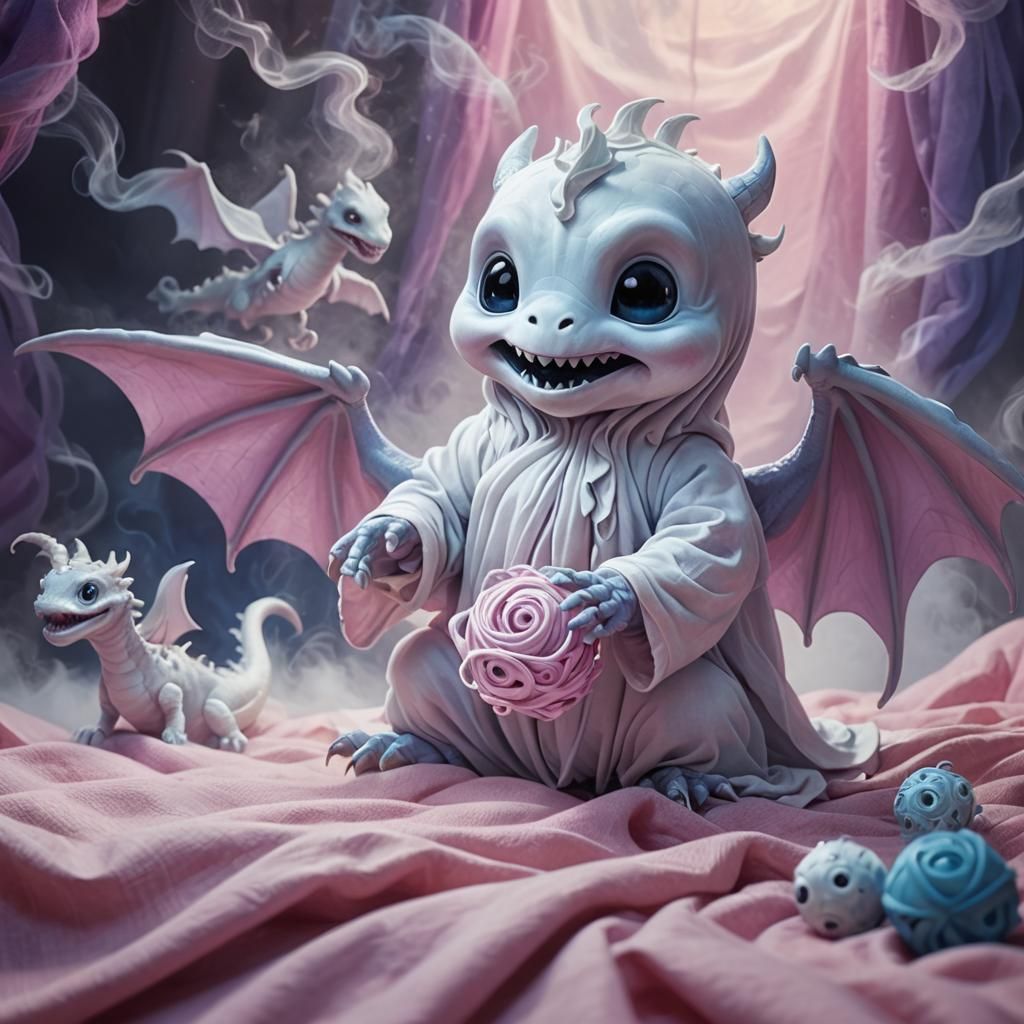 Whimsical Ghost Playing with Toy Dragon