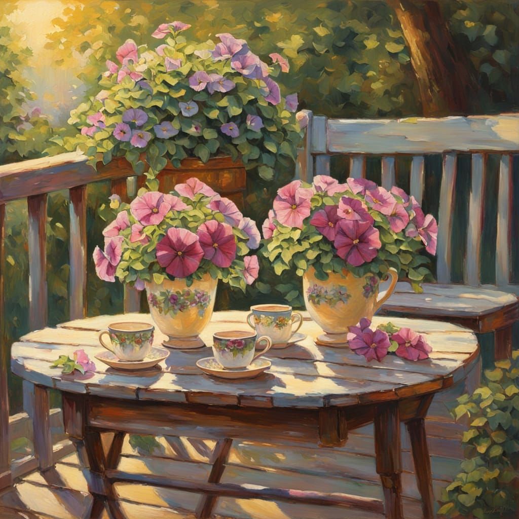 Petunias in Hand-Painted Cups as Oil Painting