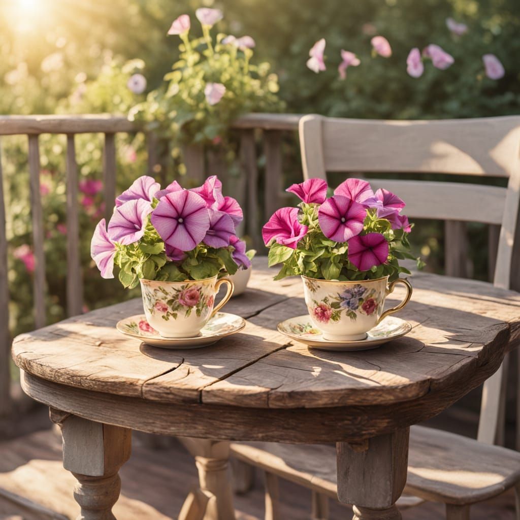 Impressionist Oil Painting of Petunias in Cups