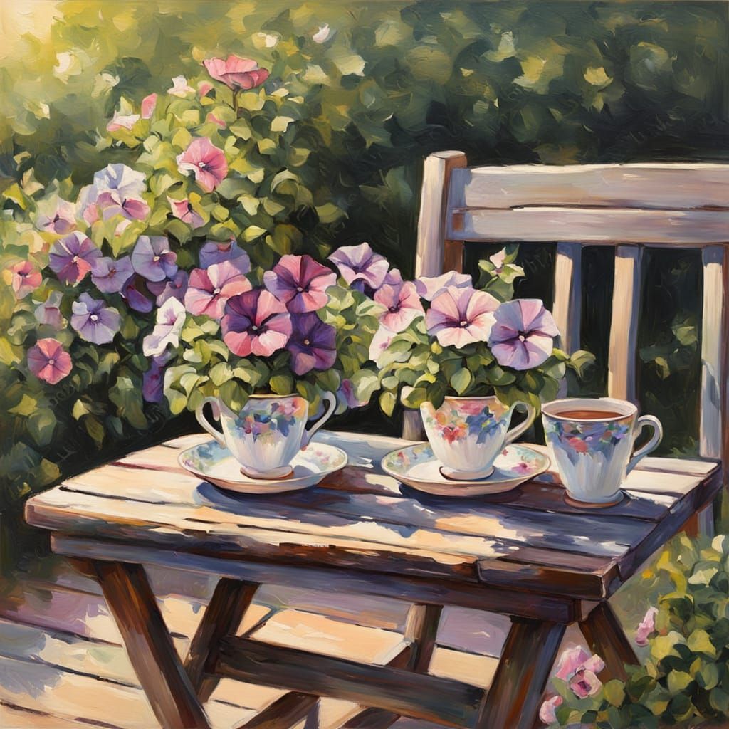 Impressionist Oil Painting of Petunias in Cups
