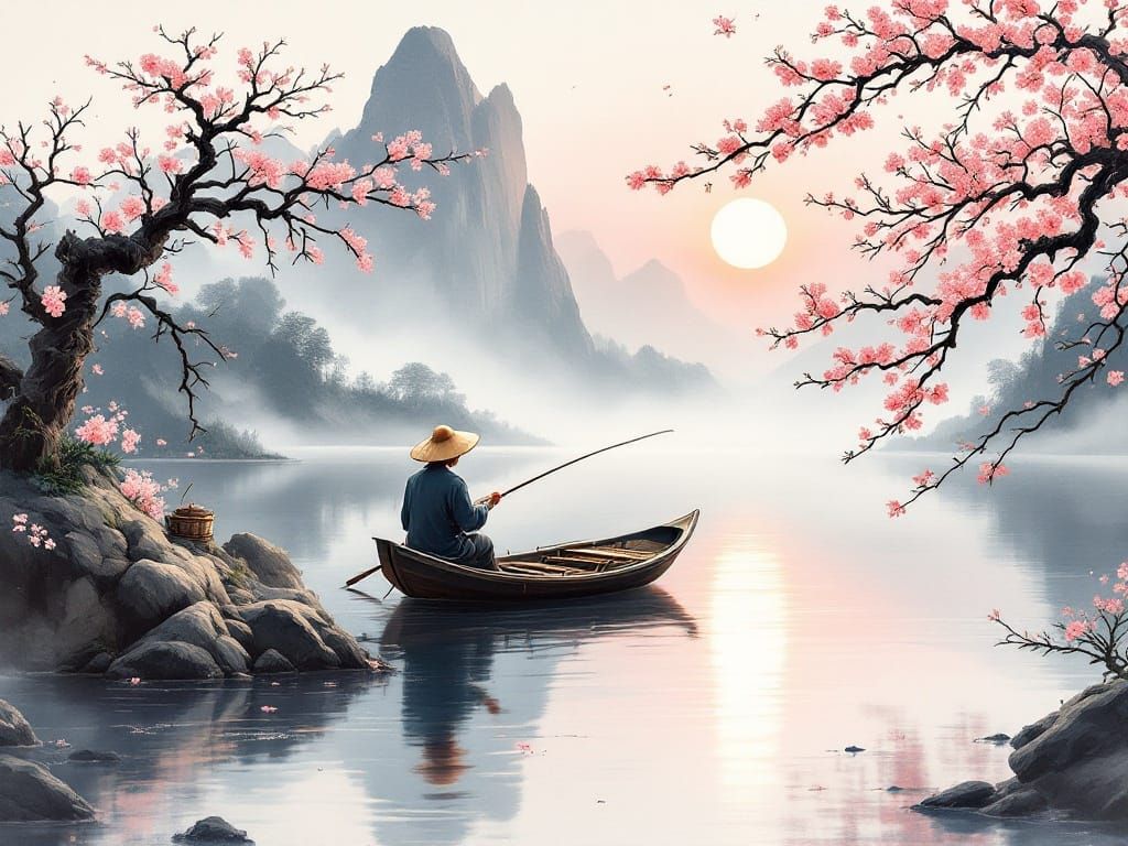 Ethereal Shan Shui Landscape with Blooming Peach Blossoms an...