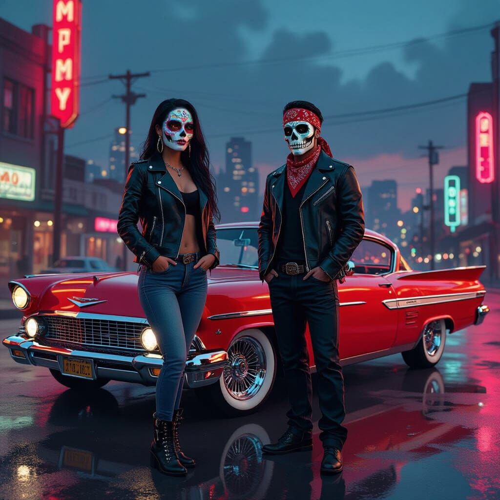 Chicano Couple with Lowrider in Cyberpunk Style