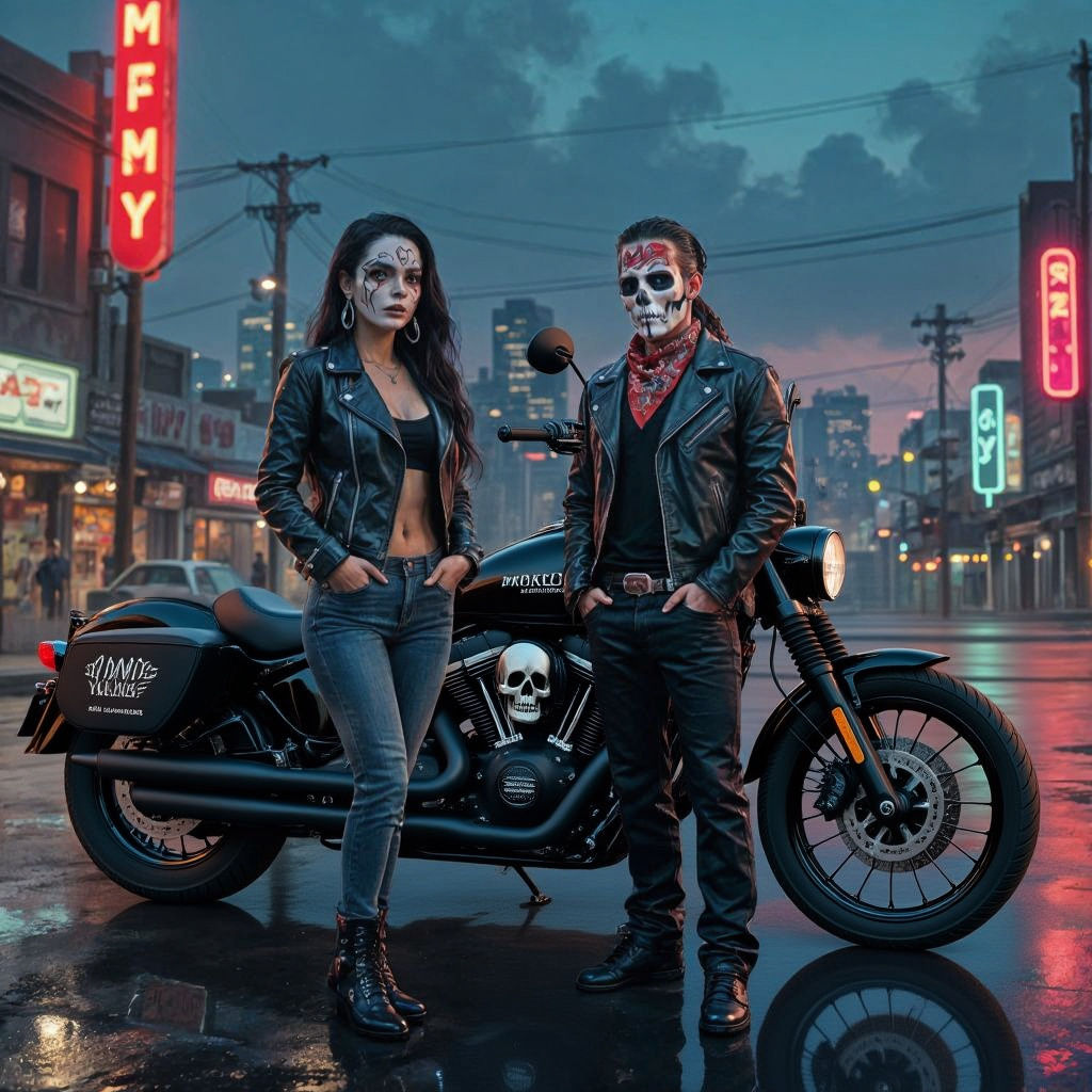 Chicano Couple with Impala Lowrider in Cyberpunk Style