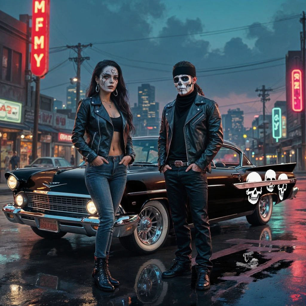 Chicanos with Skull Face Paint in Cyberpunk City