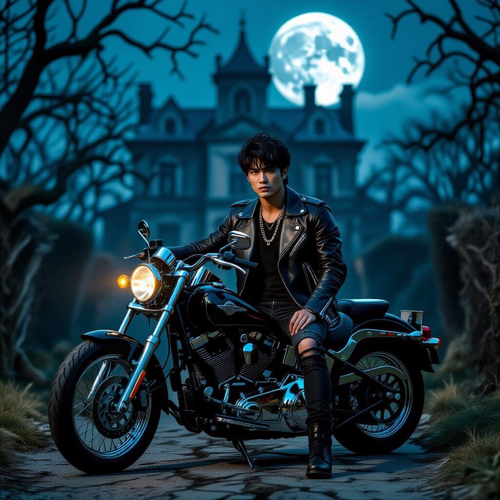 Biker Poses by Gothic Mansion Under Full Moon