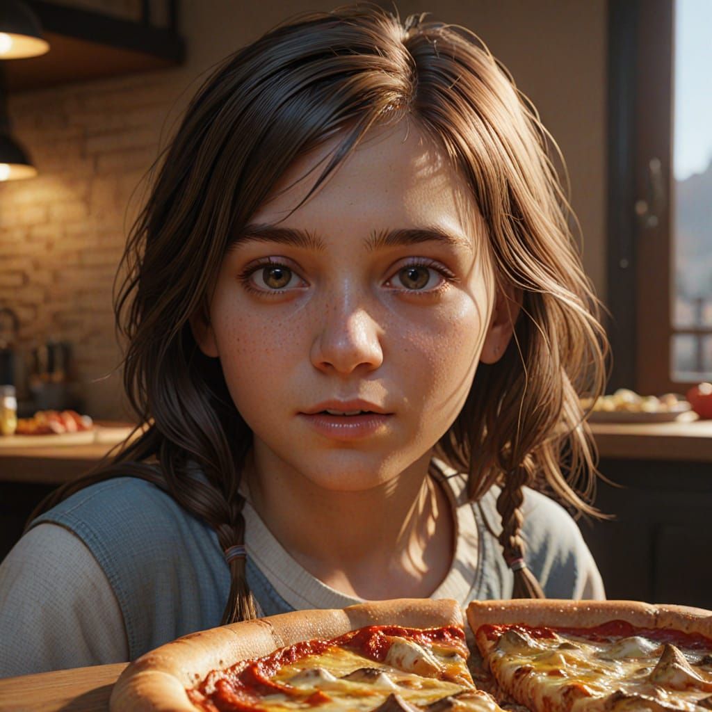 Girl Eating Pizza, Greg Rutkowski Style Concept Art