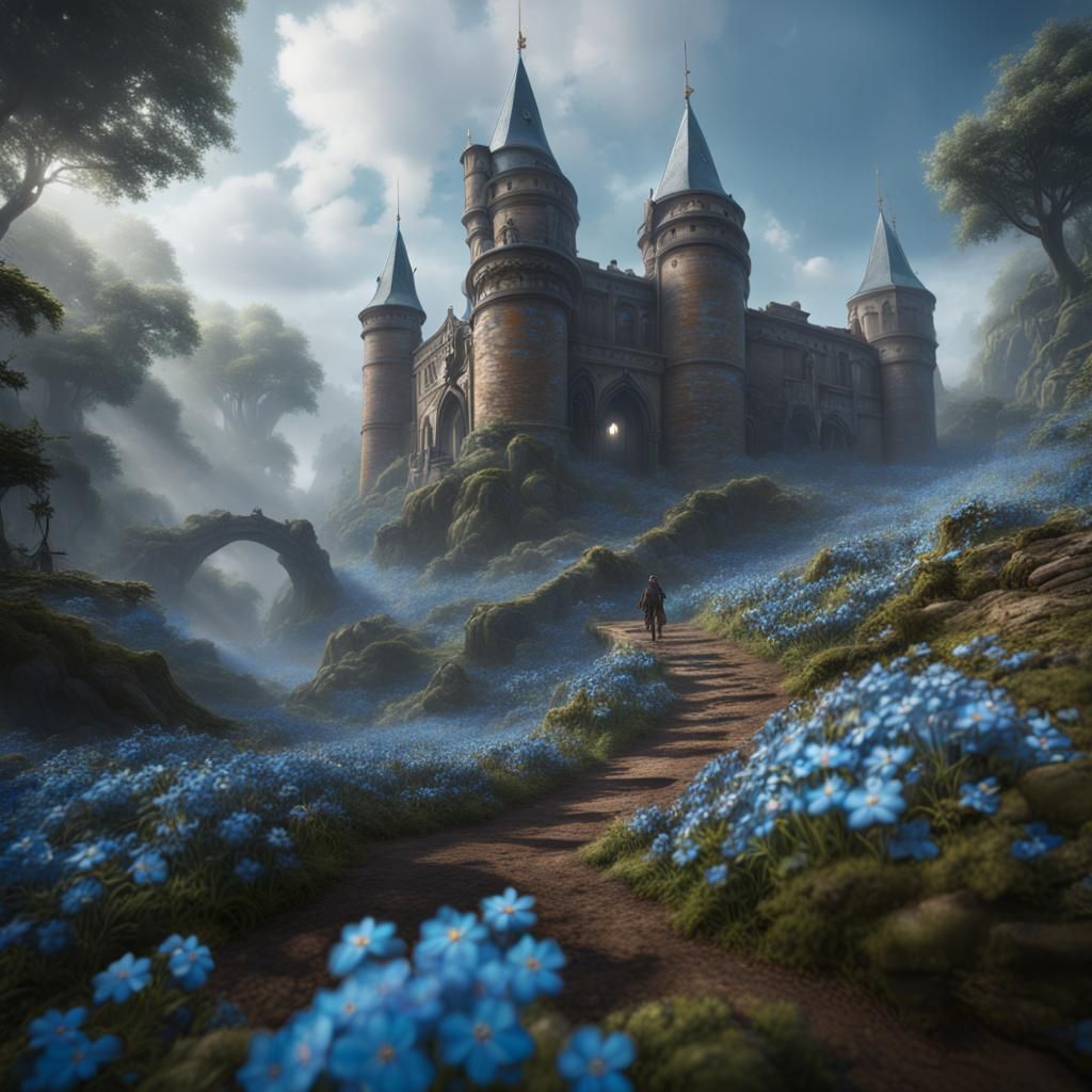 Fantastical Feline in Forget-Me-Not Field