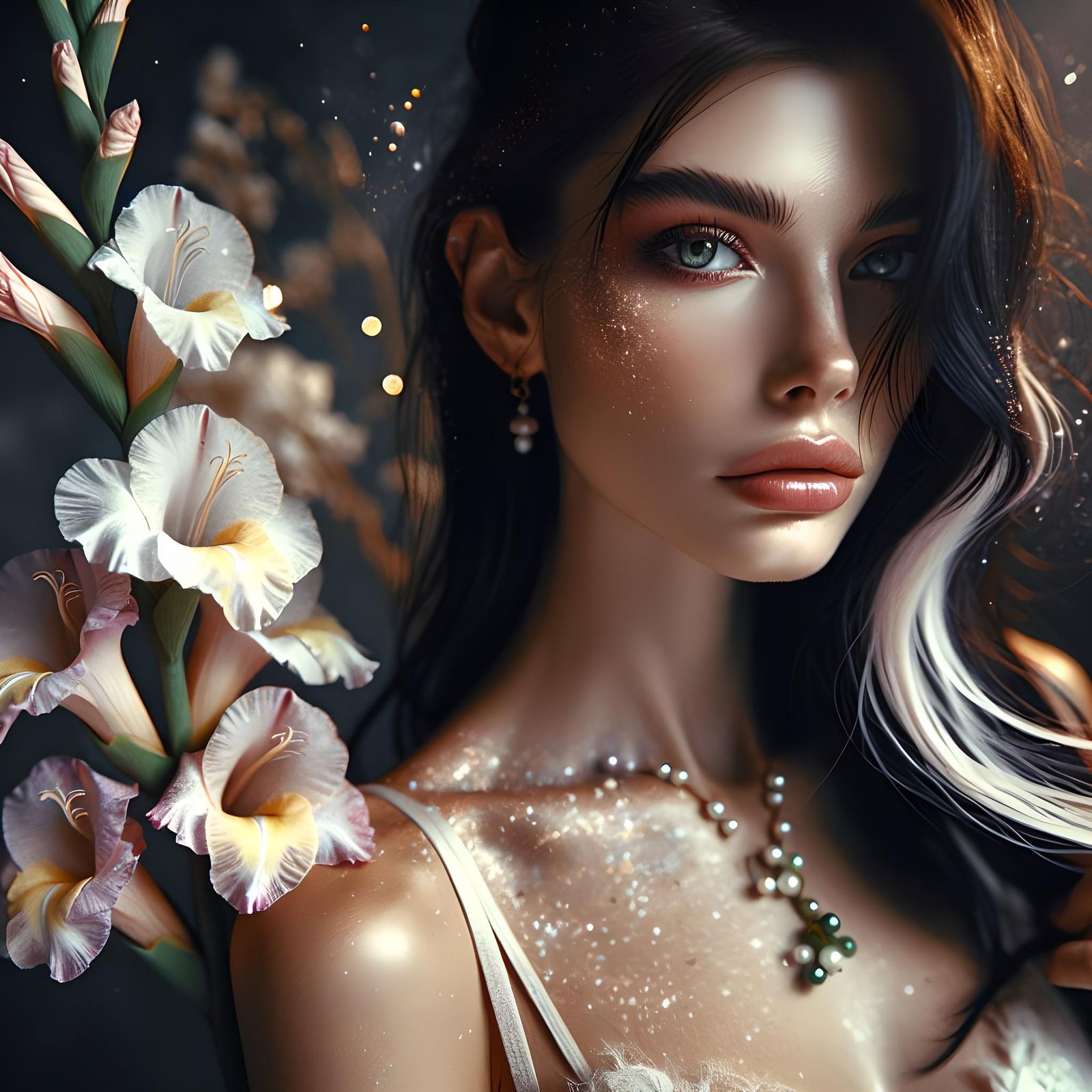 Ethereal Portrait with Ginkgo Necklace and Gladiolus