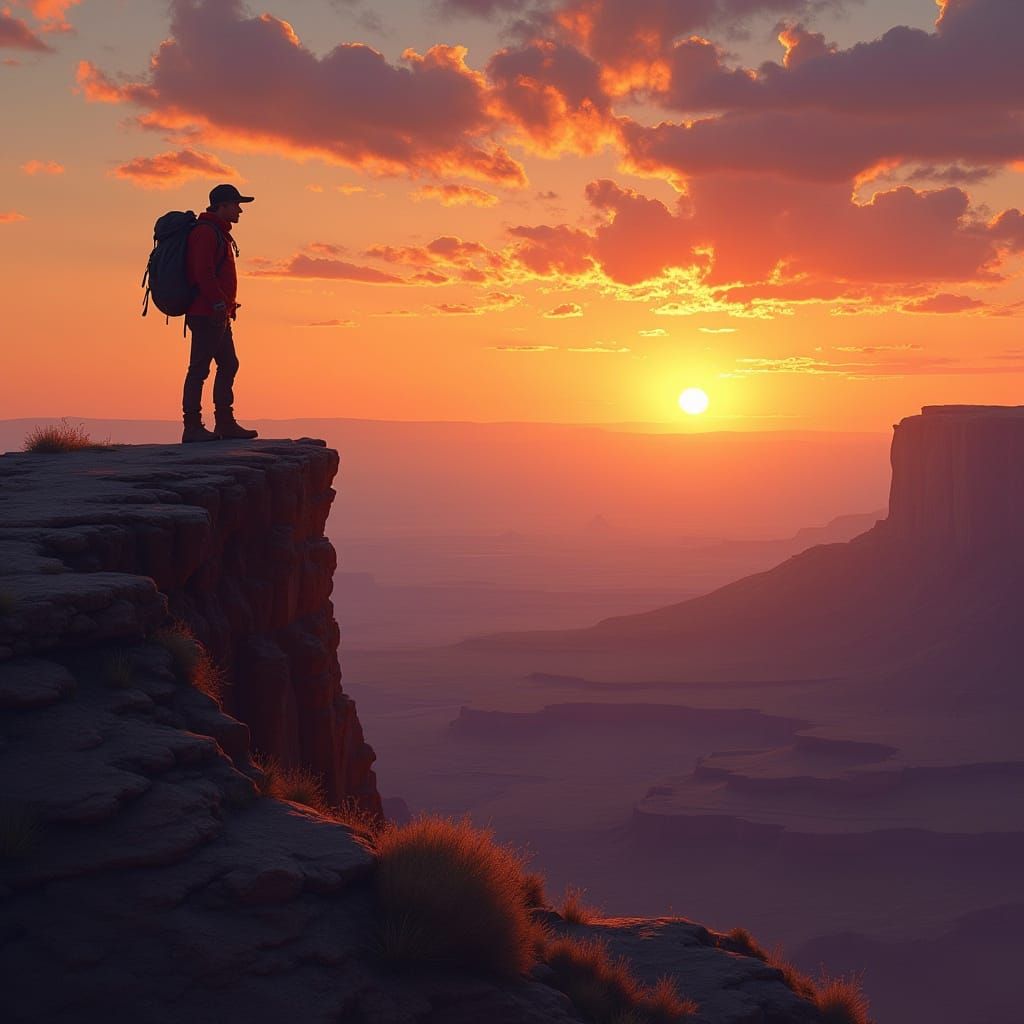 Silhouetted Hiker at Sunset Over Grand Canyon