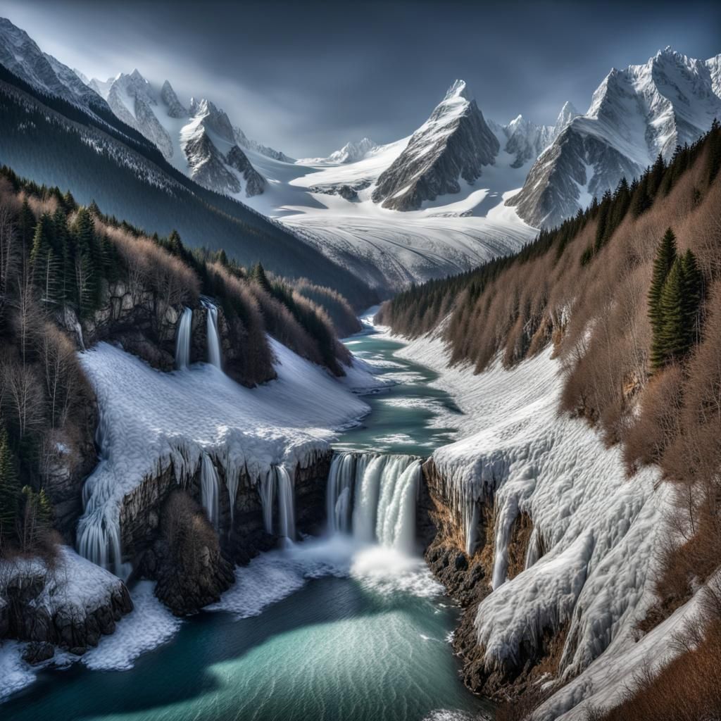 Hyperrealistic Alps Landscape with Waterfalls and Shoreline