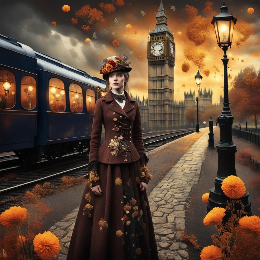 Steampunk Girl with Autumnal London Landscape