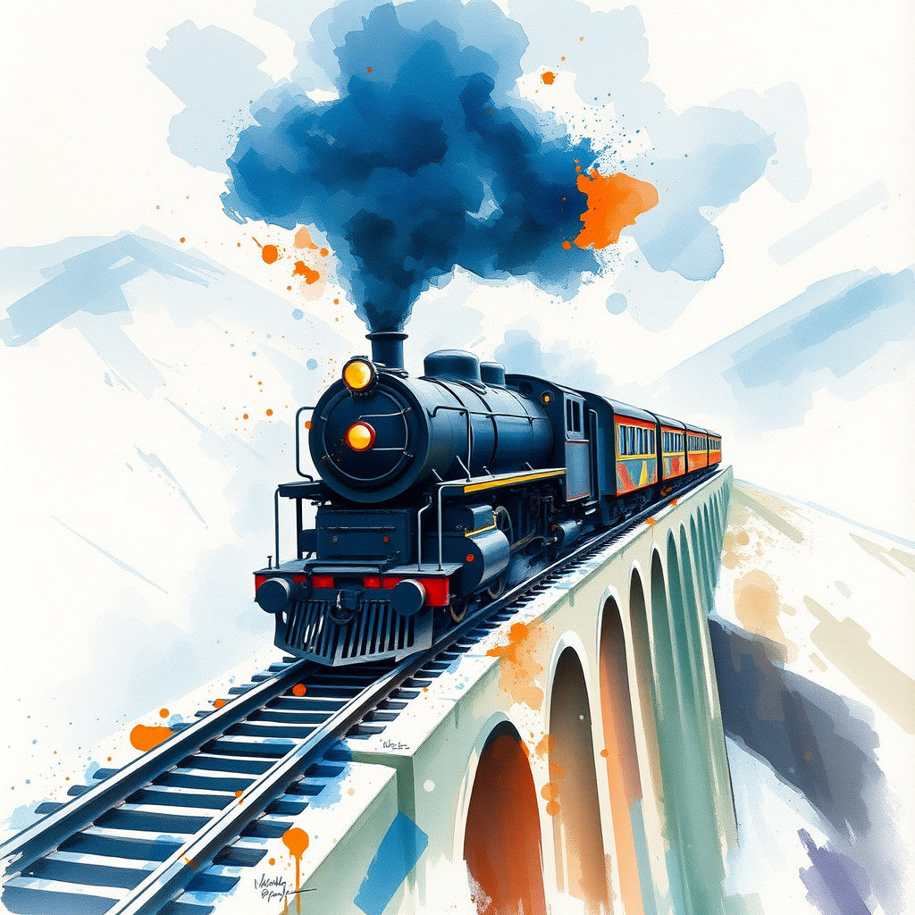 Steam Train Over Snowy Viaduct: Abstract Watercolor
