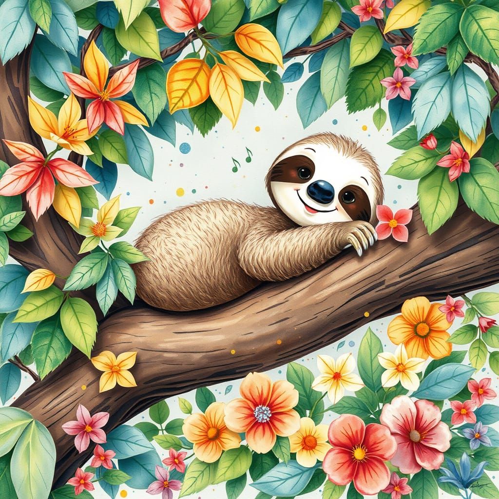 Whimsical Sloth Lounging in Colorful Foliage