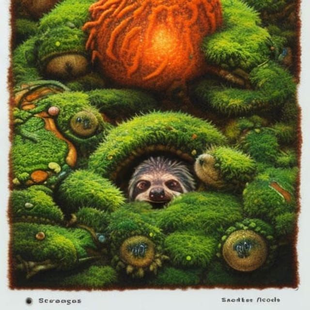 microscopic sloth creature face looking at us, magic the gat...