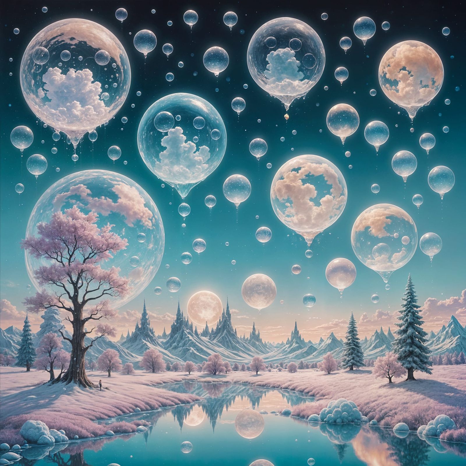 Whimsical Dreamscape with Sugar Clouds and Moonlight Rivers