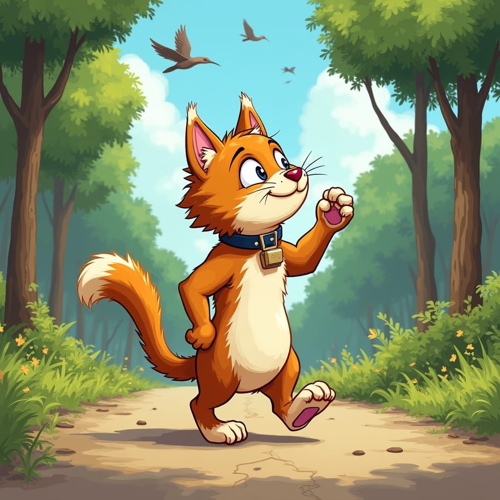 Whimsical Village Scene with Furry Hybrid and Birds