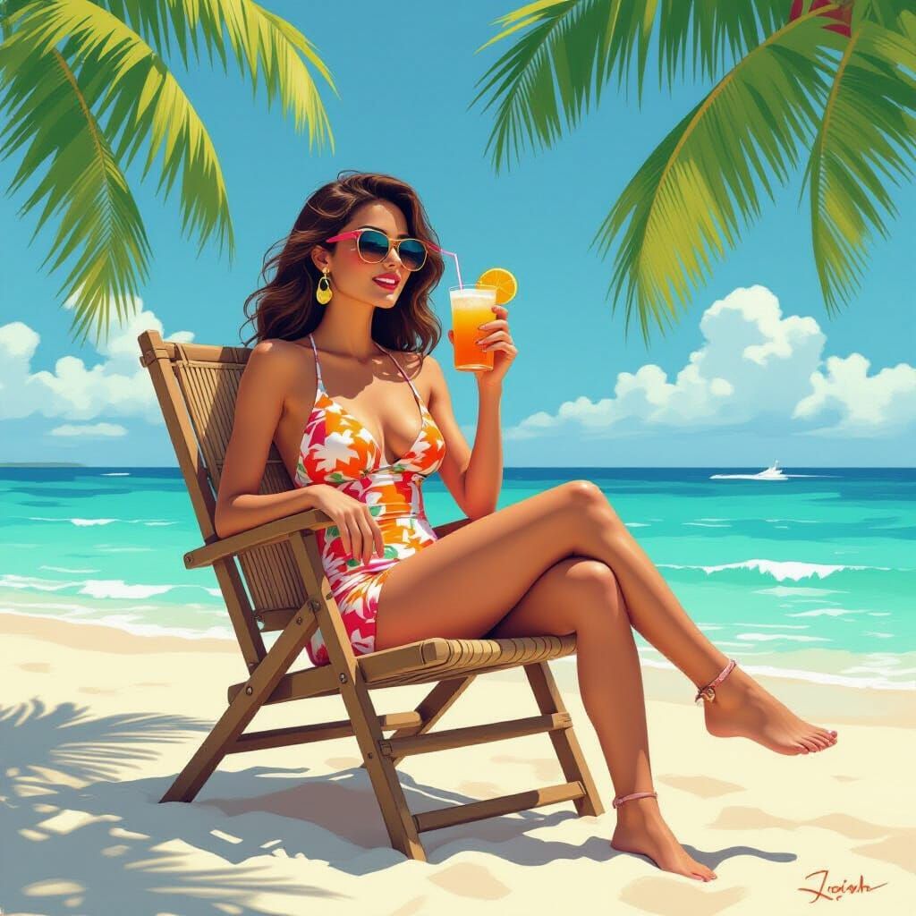 Trendy Woman Sipping Cocktail on Tropical Beach