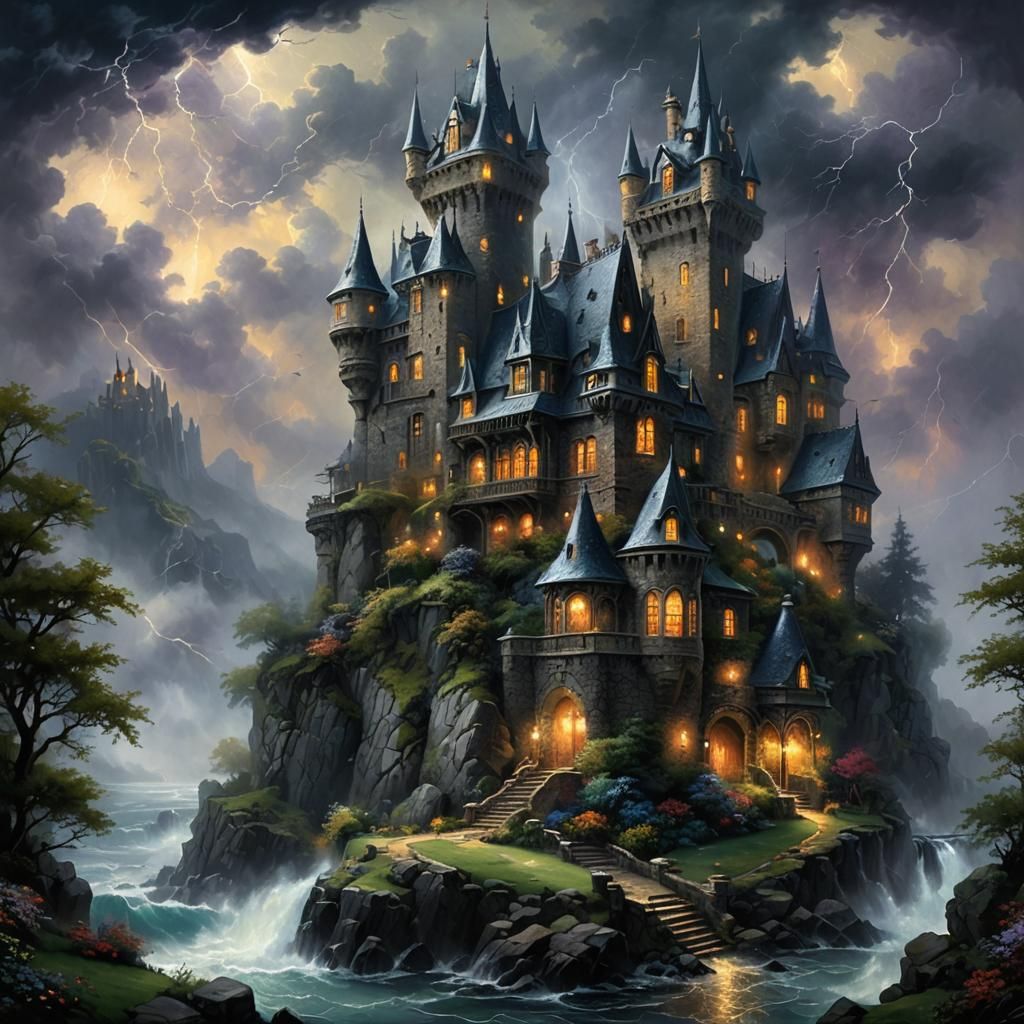 Black Castle Mansion in Ethereal Thunderstorm