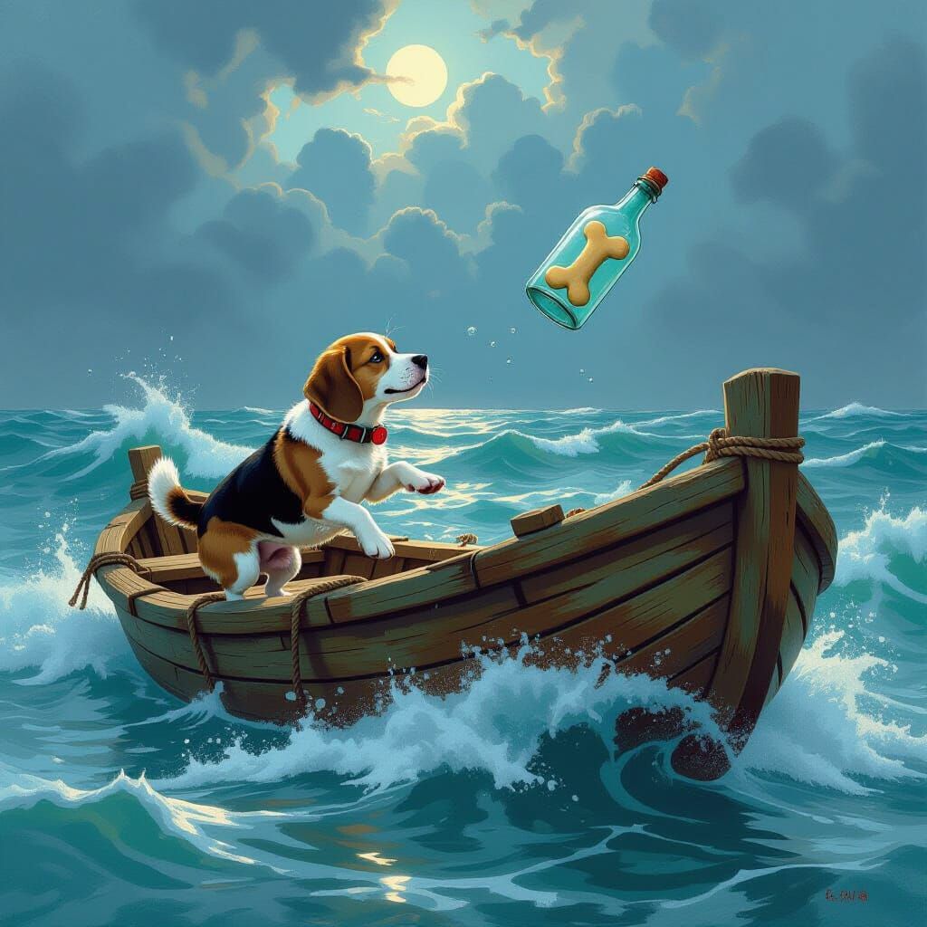 Beagle Leaps for Bone Bottle on Stormy Sea Raft