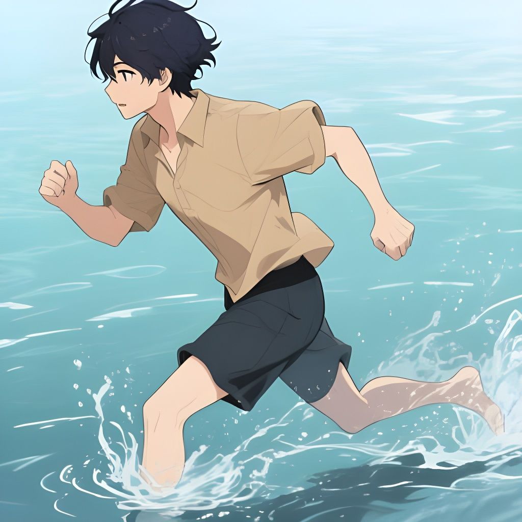 Anime-Style Man Running Through Water