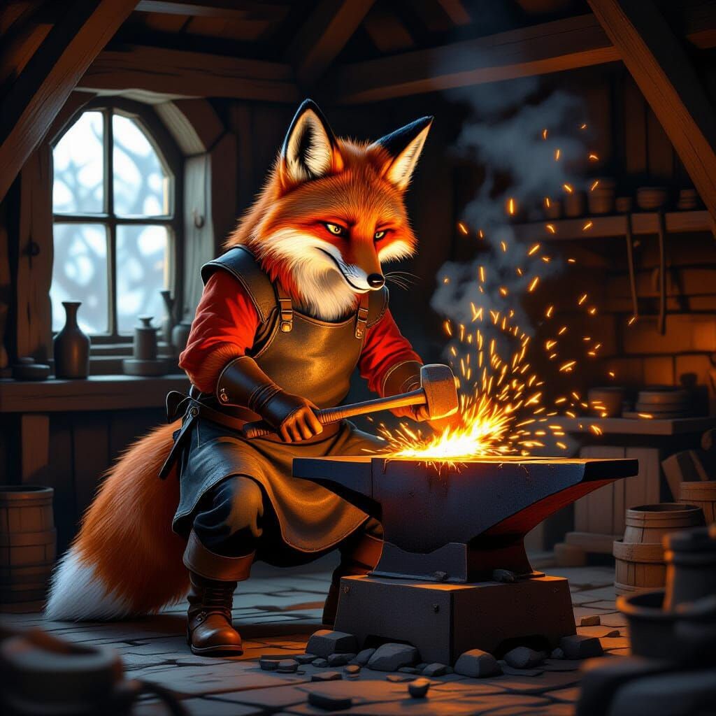Anthropomorphic Fox Blacksmith Forging Metal in Rustic House