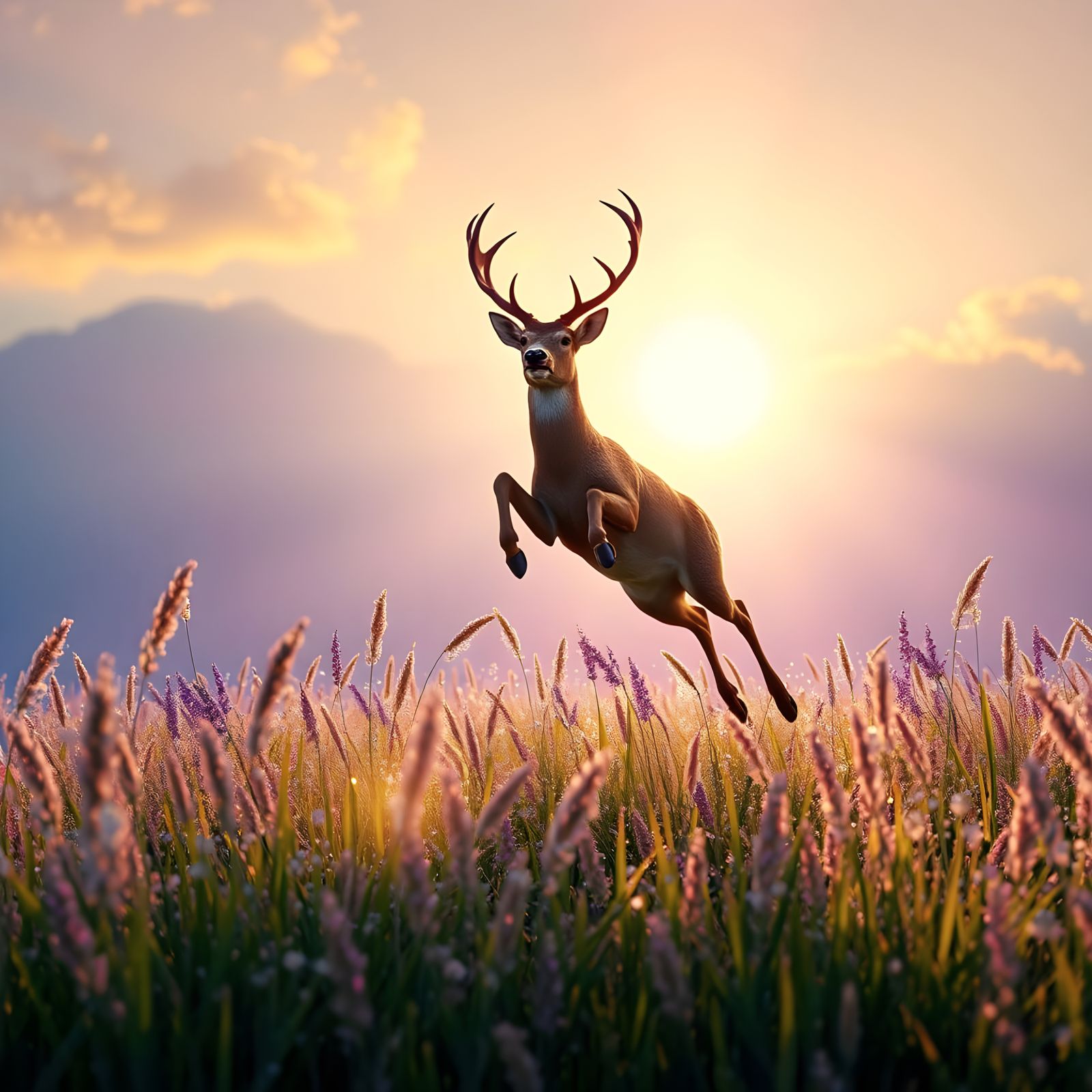 A Deer Soars Through Morning Dew in Vibrant Prairie Landscap...