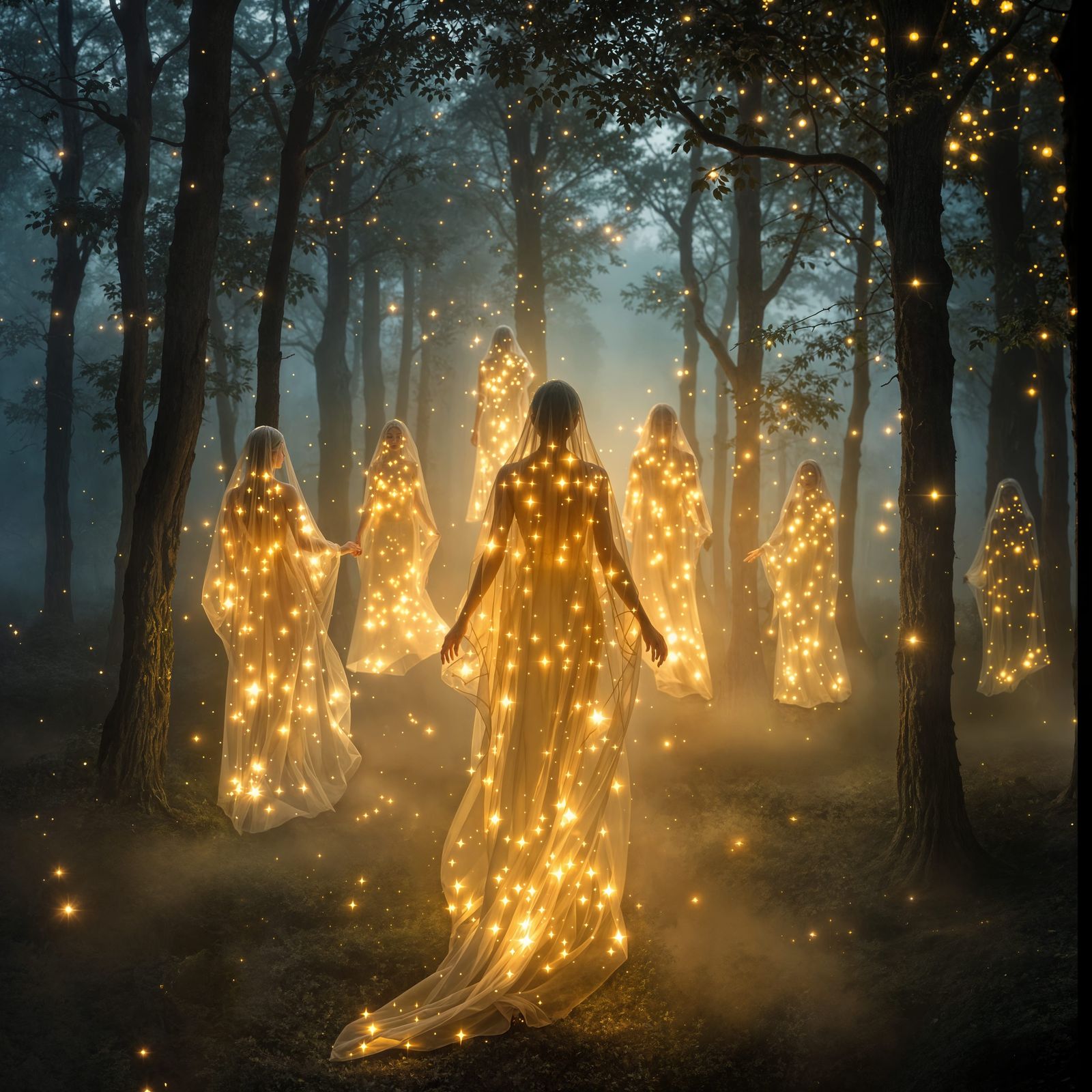 Ethereal Figures in Golden Glow Amidst Mystical Forest