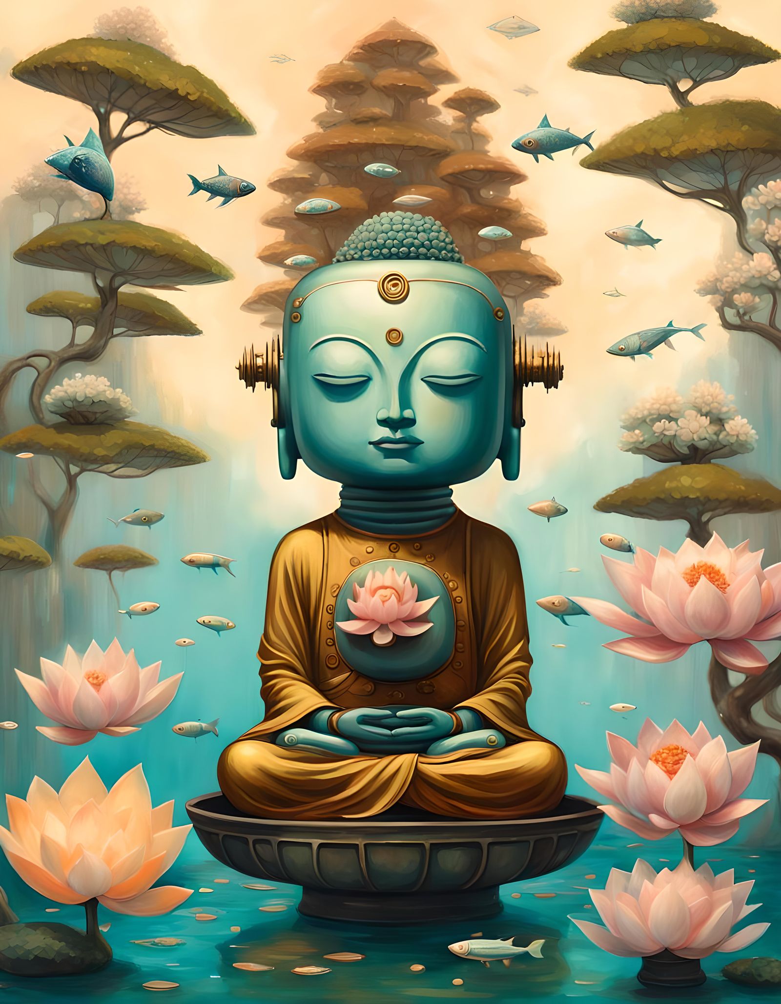 Steampunk Robot Buddha in Surreal Oil Painting Style