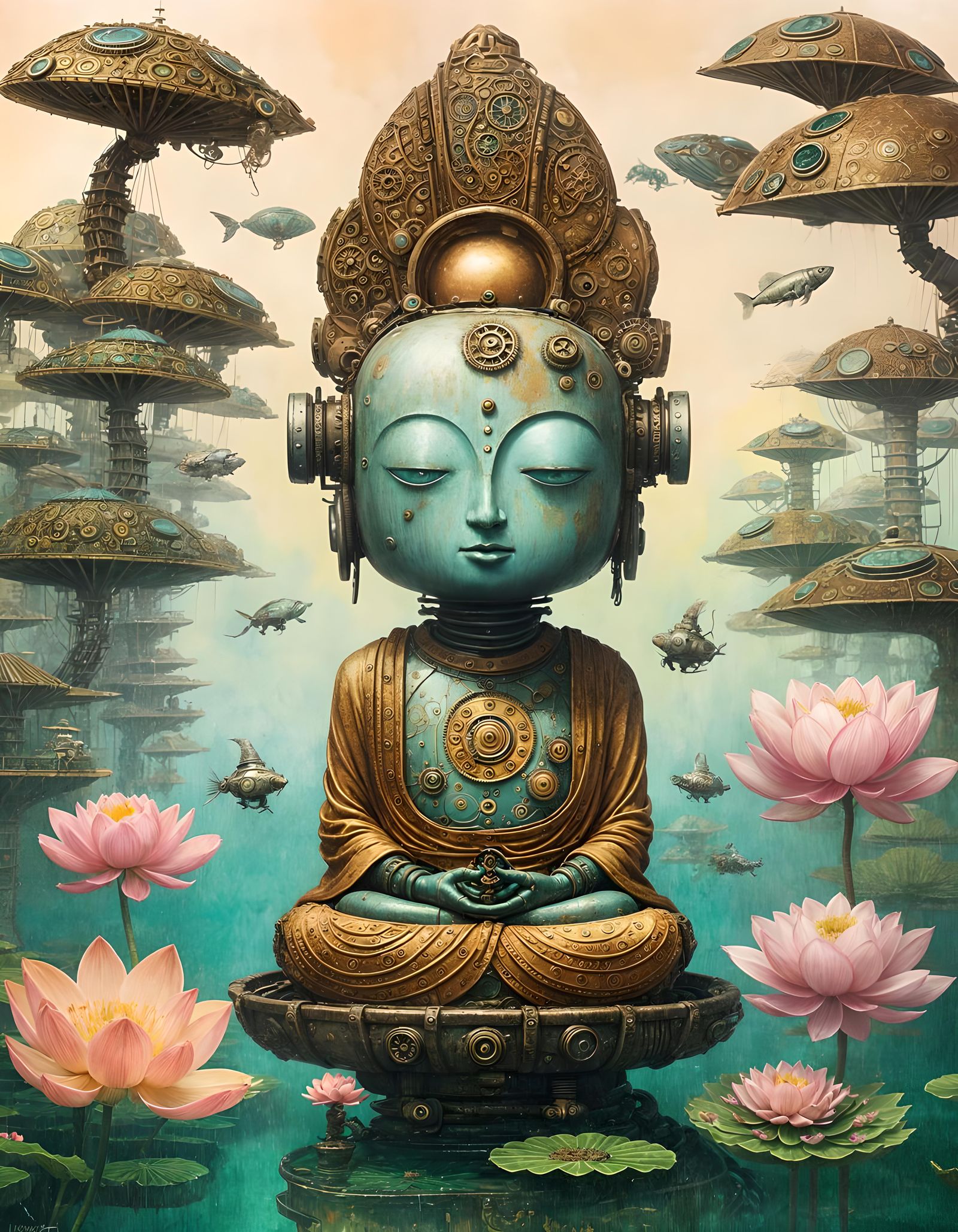 Steampunk Robot Buddha in Surreal Oil Painting Style