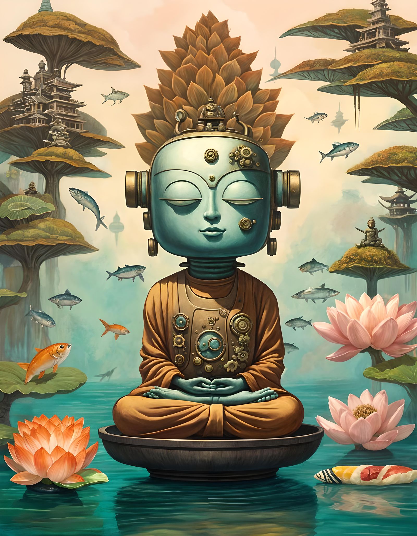 Steampunk Buddha Robot Meditating with Sushi and Flowers